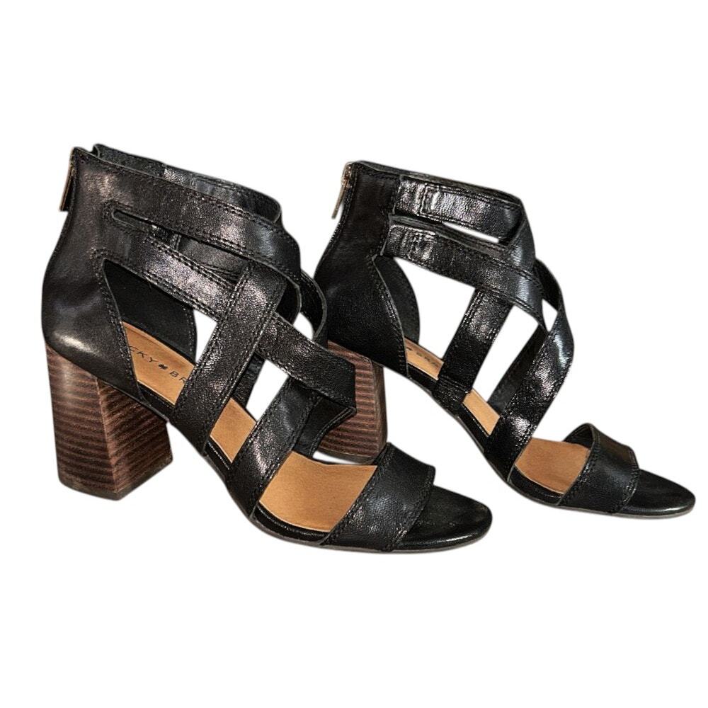 Lucky Brand Vyrah Black Leather Crisscross Strappy Sandal 3" Heels 7.5